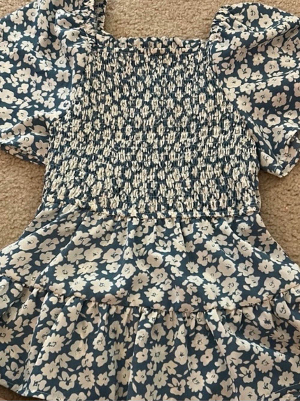 Hayden girls - Smocked Floral Puff-Sleeve Kids Dress in Blue and White